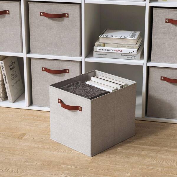 Snap-on STACKING CUBE BOX （Brown White） Ornavo Home Beige 13 in. x 15 in. x 13 in. Linen Fabric Decorative