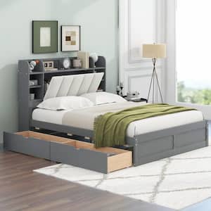 Gray Wood Frame Queen Platform Bed with 2-Drawer, PU Upholstered Headboard including Built-in Shelves, Hidden Storage