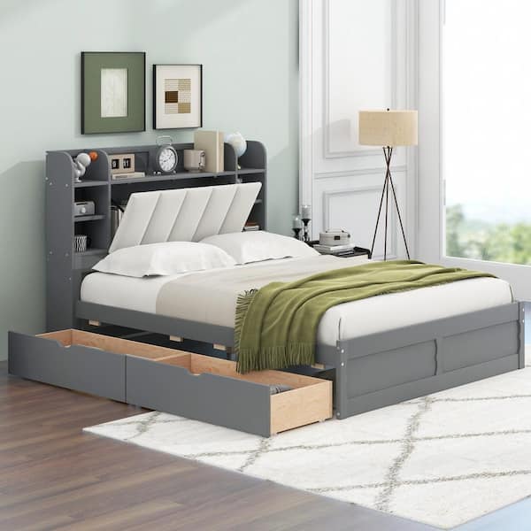Harper & Bright Designs Gray Wood Frame Queen Platform Bed with 2-Drawer, PU Upholstered Headboard including Built-in Shelves, Hidden Storage