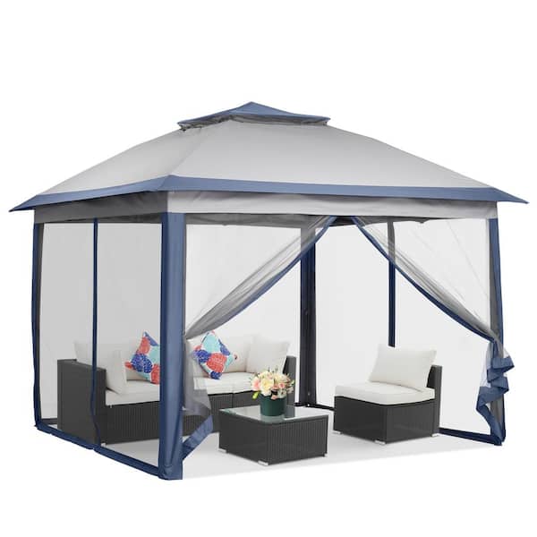 OVASTLKUY 11 ft. x 11 ft. Gray Outdoor Double-Roofed Patio Canopy Tent Pop-Up Canopy with Mesh