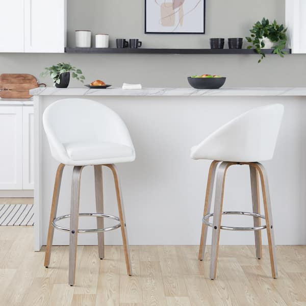 Matisse Highback 29.75 in. White Faux Leather, Lt Grey Wood and Chrome Metal Fixed-Height Bar Stool (Set of 2)