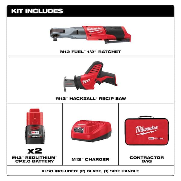 M12 FUEL 12V Lithium-Ion Brushless 1/2 in. Cordless Ratchet Kit with (2) 2. 0Ah Batteries, Charger, Bag & HACKZALL