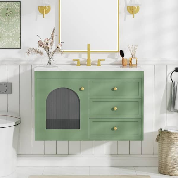 Tenleaf 30 in. W Single Sinks Floating Bath Vanity in Green with White Ceramic Top and 2 Drawers
