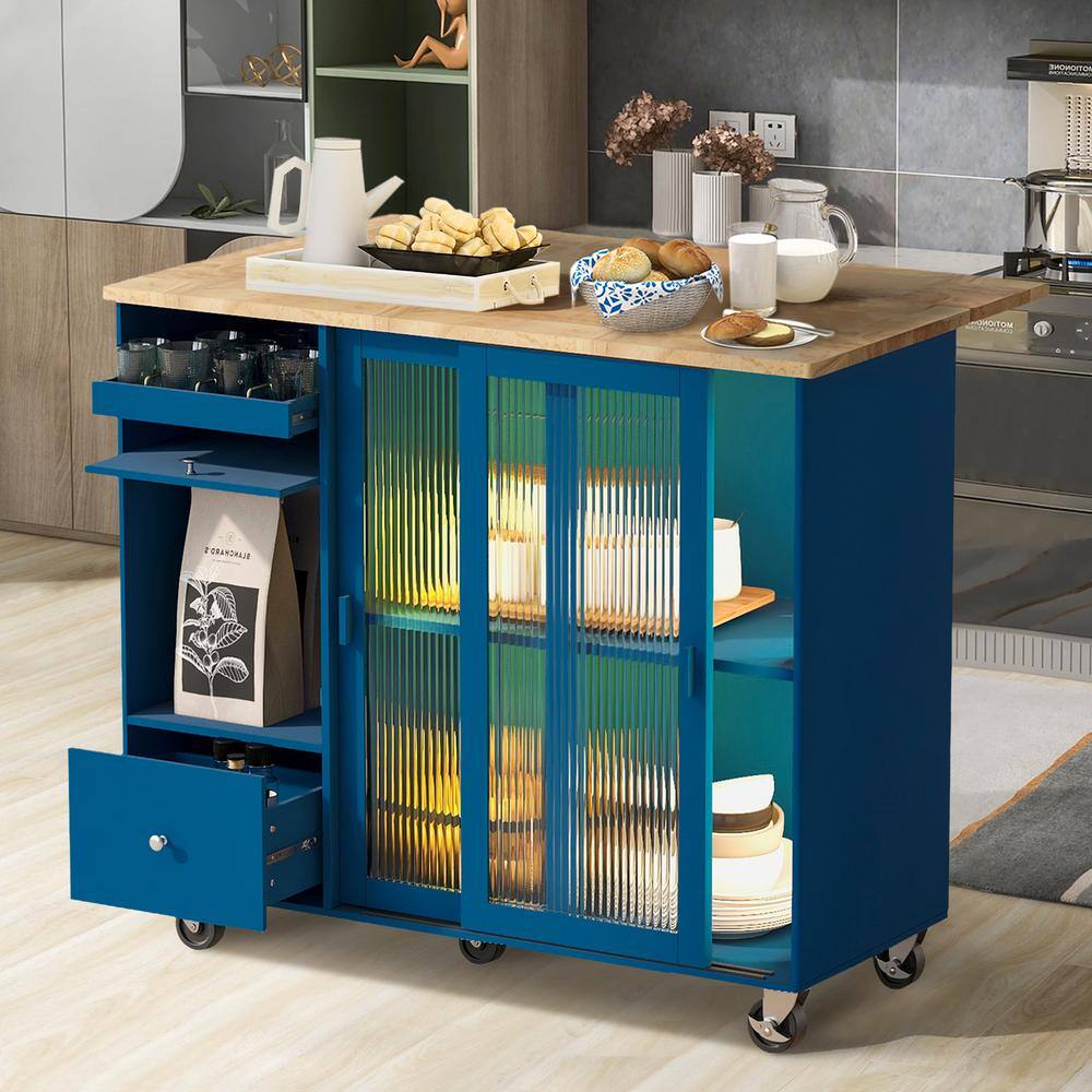 Zeus & Ruta Navy Blue Wood 44 in. Kitchen Island with Drop Leaf, LED