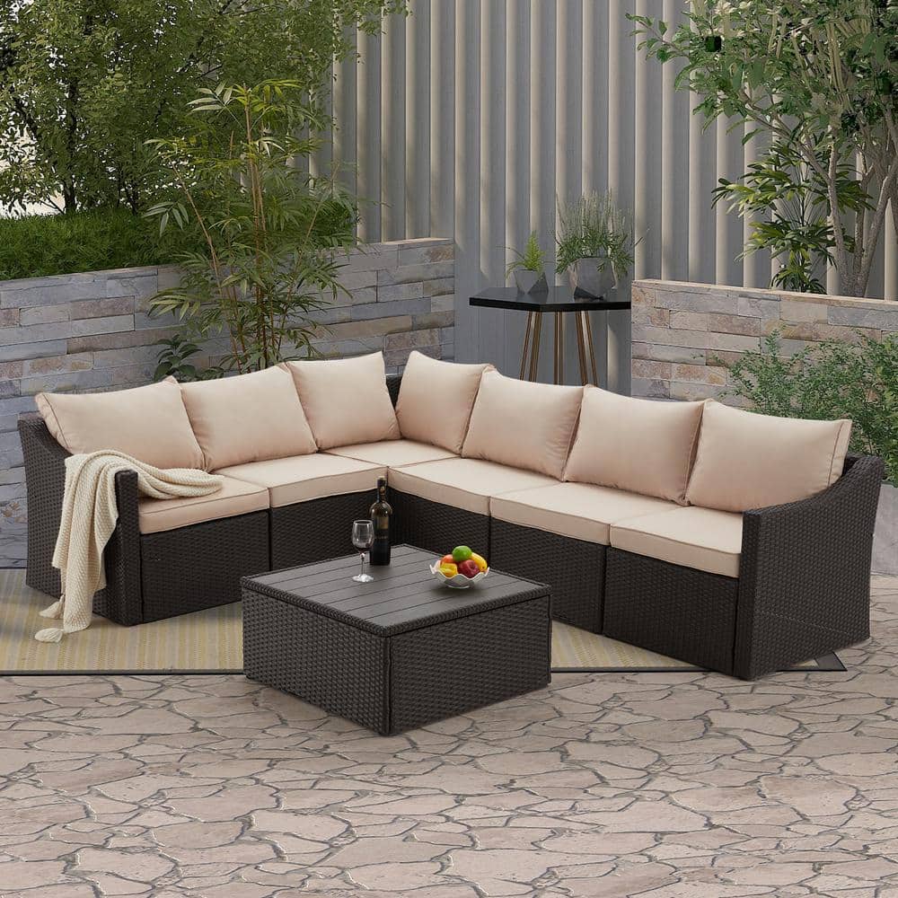 7-Piece PE Wicker Outdoor Sofa Sectional Set Conversation Set with Khaki Cu