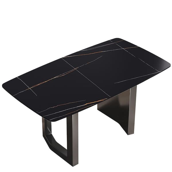 Magic Home 63 in. Round Edge Sintered Stone Black Rectangle Top Double Pedestal 2-Grey Titanium Metal Base Dining Table (Seats-6)