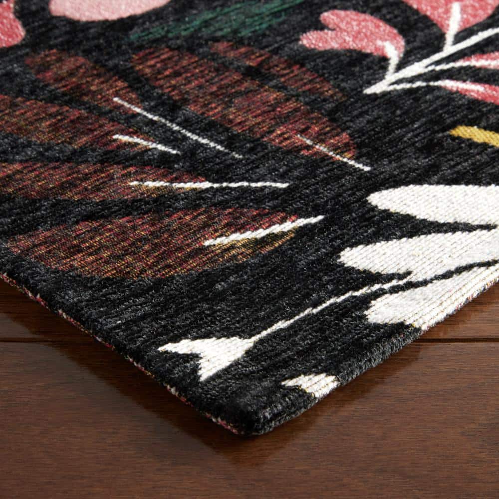 Black Floral Synthetic Washable Non-Slip Rectangular Rug 24" x 40"