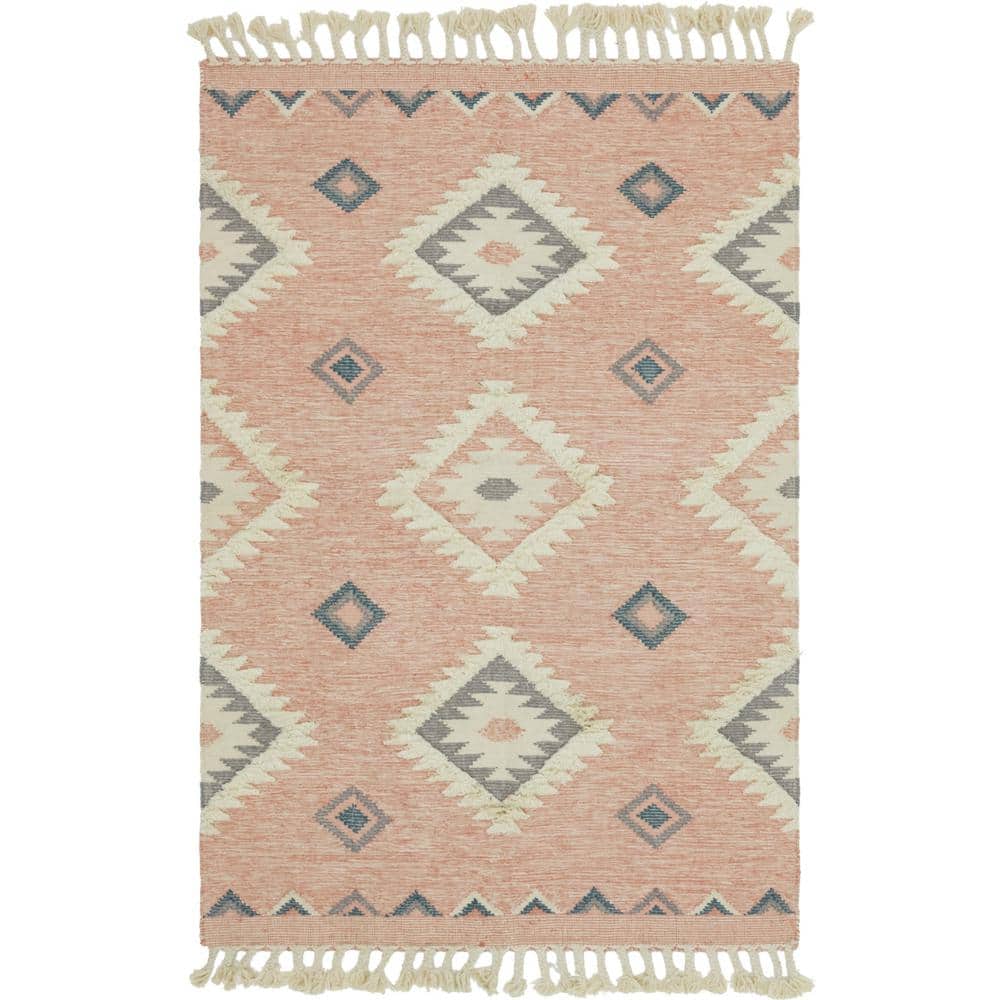 Handmade Pink Wool Geometric 6x9 Area Rug