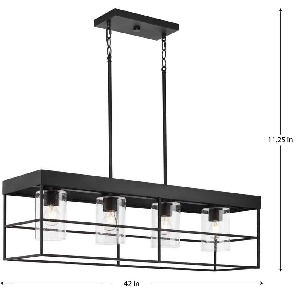 Matte Black Steel Four-Light Island Chandelier with Seeded Glass