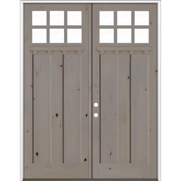 72 in. x 96 in. Knotty Alder Right-Hand/Inswing Double DS 6Lite Clear Glass Weathered Gray Stain Wood Prehung Front Door