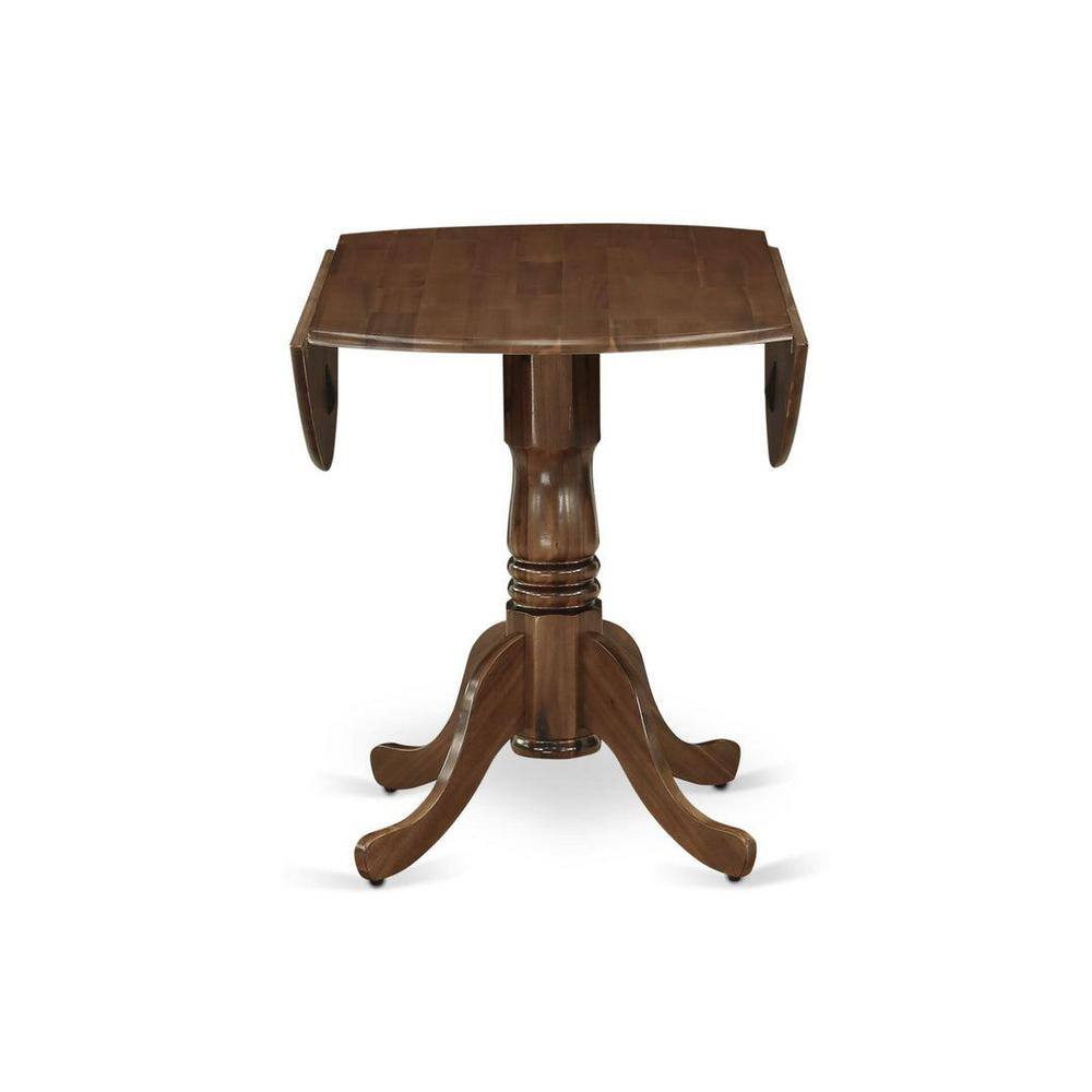 Antique Walnut Round Rubberwood Dining Table with Dropleaf and 2 Navy Blue Faux Leather Chairs