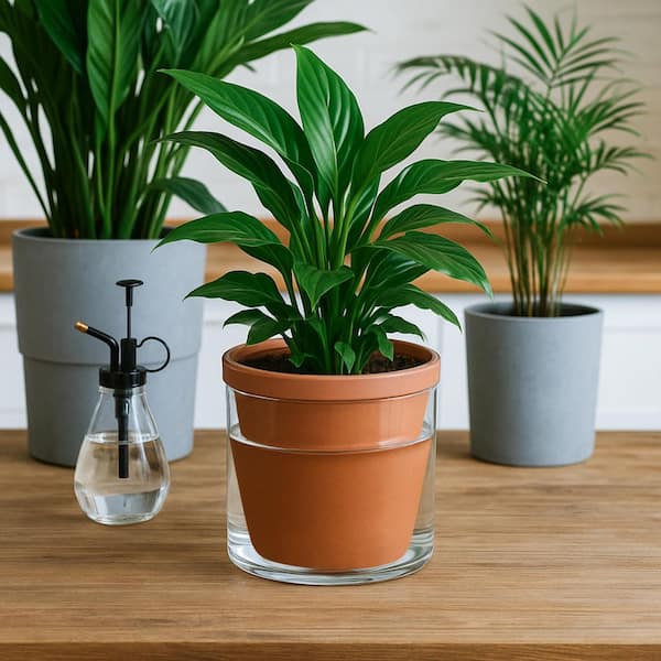 OGETFUUR 2-Pack 6 in. Design Self Watering Pot for Indoor Plants, Terracotta Planter with Cylinder Glass Cup, Terracotta