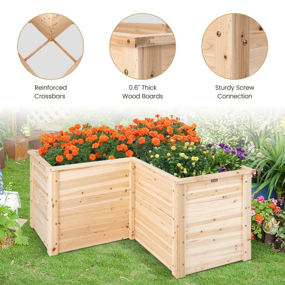 Natural Fir Wood L-Shaped Raised Garden Bed for Patio