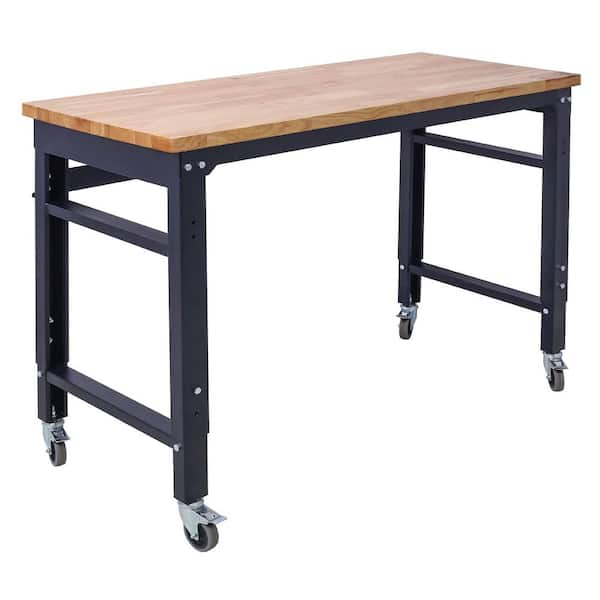 Ami 48" Rolling Workbench Adjustable Height with Metal Rubber Wood Top