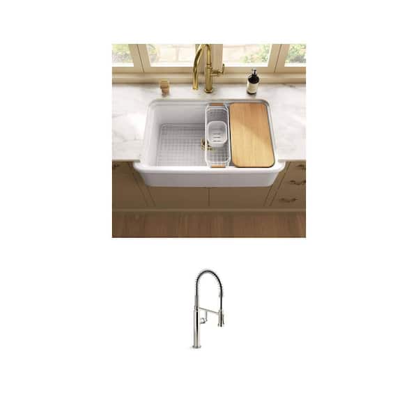 Edalyn Nickel Kitchen Faucet and Audrine 35.5 in. Fireclay Farmhouse Sink Combo