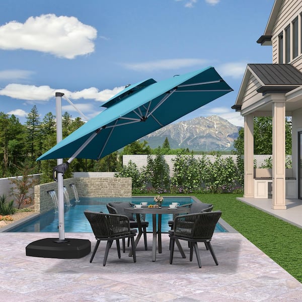 PURPLE LEAF 9 ft. Square High-Quality Aluminum Cantilever Polyester Outdoor Patio Umbrella with Wheels Base, Turquoise Blue