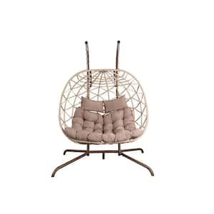 Outdoor Egg Swing Chair-Coffee Stand Ratten Metal Patio Swing with Thick Cushions and Pillow