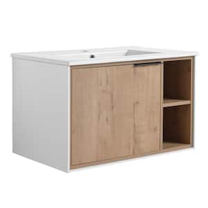 30 in. W x 18 in. D x 18 in. H Floating Wall Mounted Bath Single Vanity in Imitative Oak with Ceramic Top
