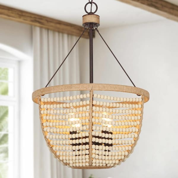 16.5 in. 4-Light Bronze Modern Farmhouse Chandelier with Natural Wood Beads and Flax Rope for Dining Room, Foyer