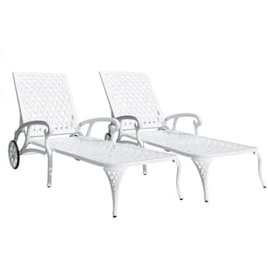 Tige Outdoor Antique White Garden Metal Patio Adjustable Cast Aluminum Chaise Lounge Recliner Chair with 2 Wheels