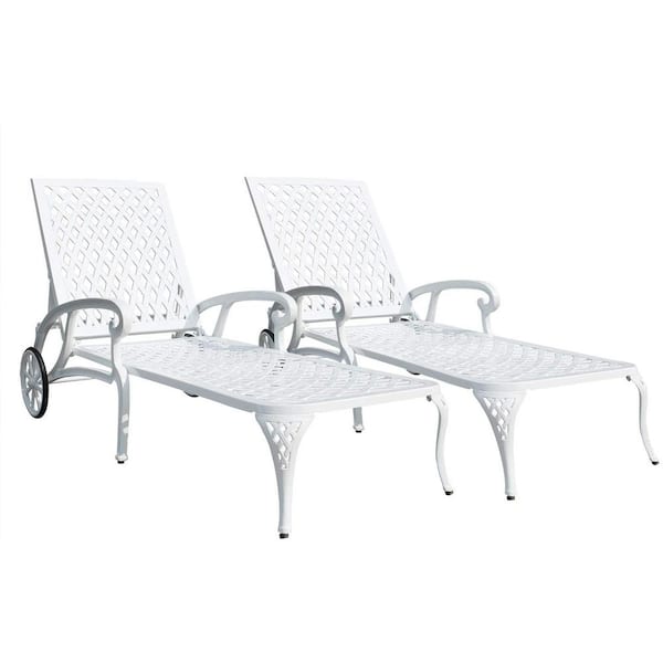 Mondawe Tige Outdoor Antique White Garden Metal Patio Adjustable Cast Aluminum Chaise Lounge Recliner Chair with 2 Wheels