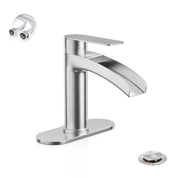 Brushed Nickel Single Handle Waterfall Bathroom Faucet, with 6 in. Deck Plate and Metal Pop Up Drain Assembly