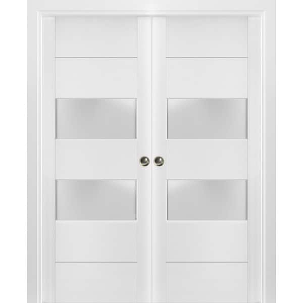 36 in. x 96 in. White Finished Wood Sliding Door with Double Pocket Hardware