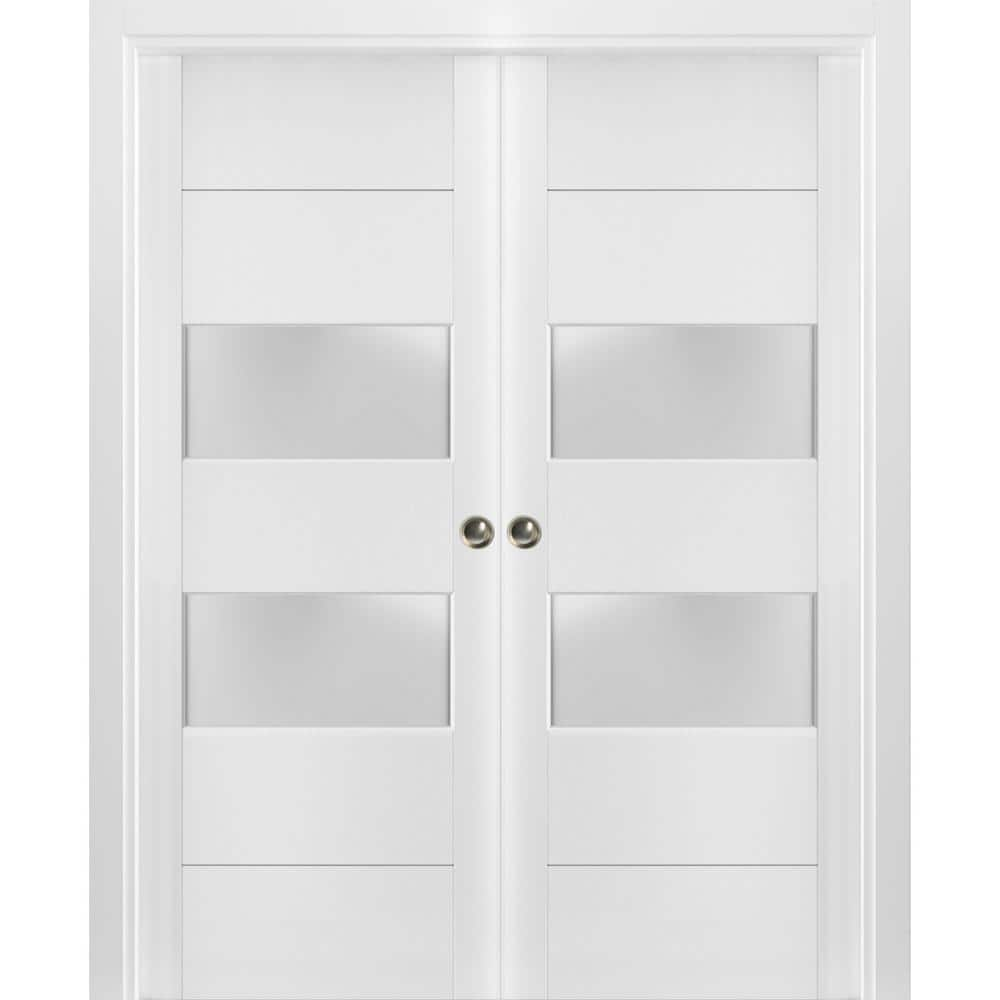 Sartodoors 64 in. x 96 in. White Finished Wood Sliding Door with Double ...