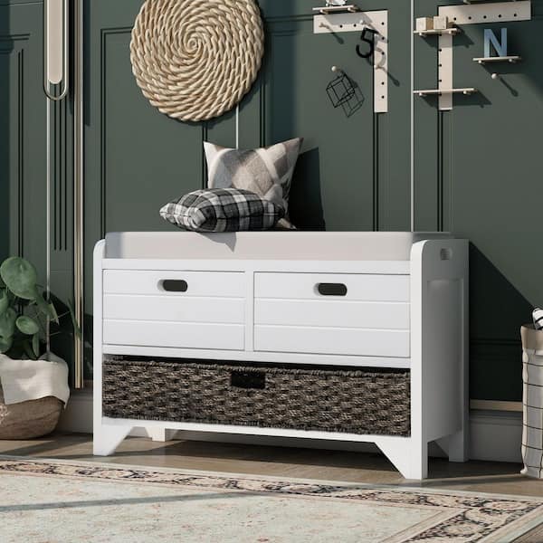 Neville 20 in. H x 32 in. W White Wood Shoe Storage Bench with Cushion, Removable Basket and Drawers