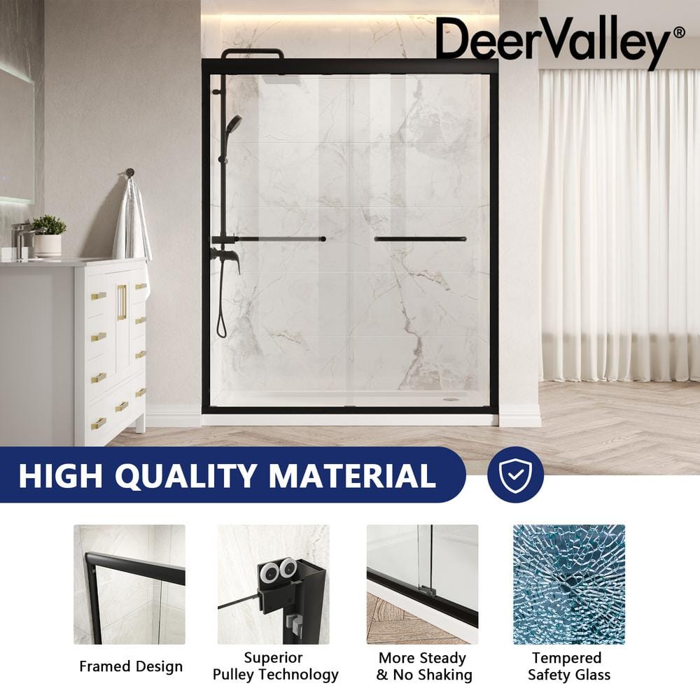 60-Inch Matte Black Aluminum Double Sliding Shower Door with Clear Glass