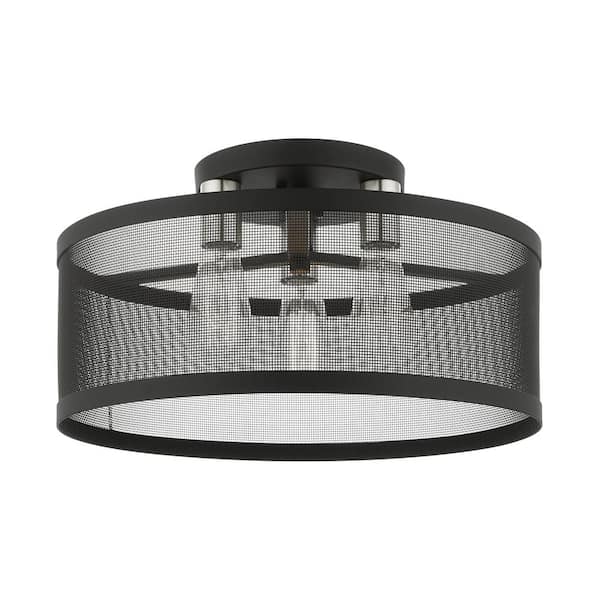 AVIANCE LIGHTING Ardsley 18 in. 3-Light Black Semi Flush Mount with Brushed Nickel Accents and Stainless Steel Mesh Shade