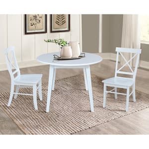 Set of 3-pcs - 42 in. White Drop-Leaf Solid Wood Table and 2-Side Chairs