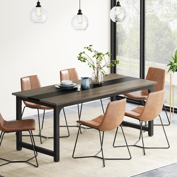 Roesler Gray Engineered Wood 71 in. 4 Legs Dining Table Seats 6, Industrial Large Kitchen Table with Sturdy Metal Base