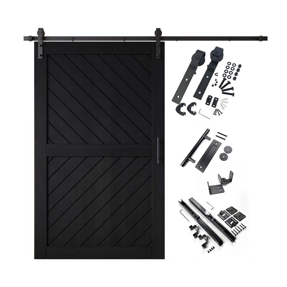 XT4 50 in. x 80 in. C-Panel Black Slanted Stripe Design Solid Pine Wood Sliding Barn Door with Hardware Kit price history on PriceWatchPro