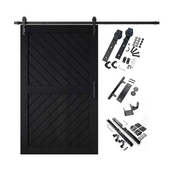 XT4 50 in. x 80 in. C-Panel Black Slanted Stripe Design Solid Pine Wood Sliding Barn Door with Hardware Kit