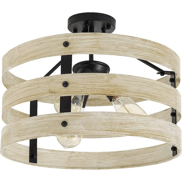 mieres Yeekar 13.3 in. 3-Light Black and Wood Color Semi-Flush Mount