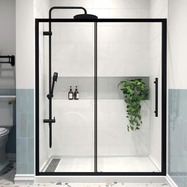Modern 60 in. W x 72 in. H Sliding Semi-Frameless Shower Door in Matte Black Finish with 1/4 in. (6mm) Clear Glass