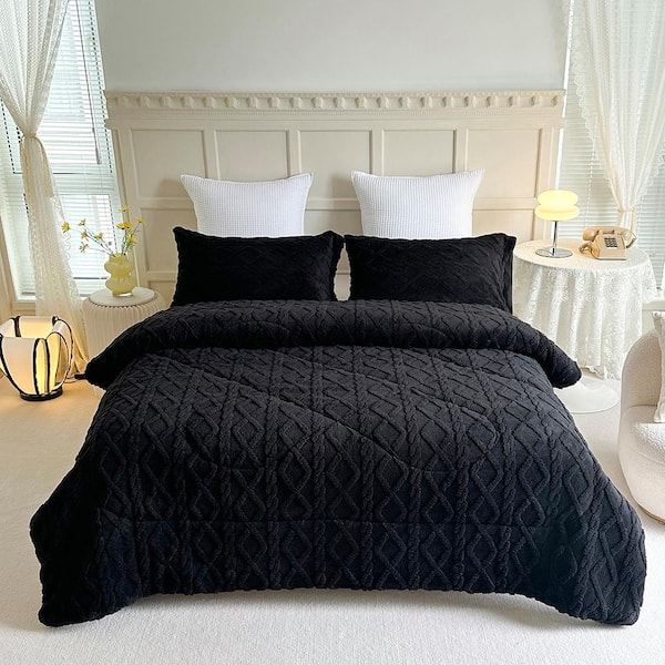 JML 3-Piece Black Fluffy Sherpa Fleece Comforter Set Tufted Bedding Comforter Set 79 in. x 91 in.