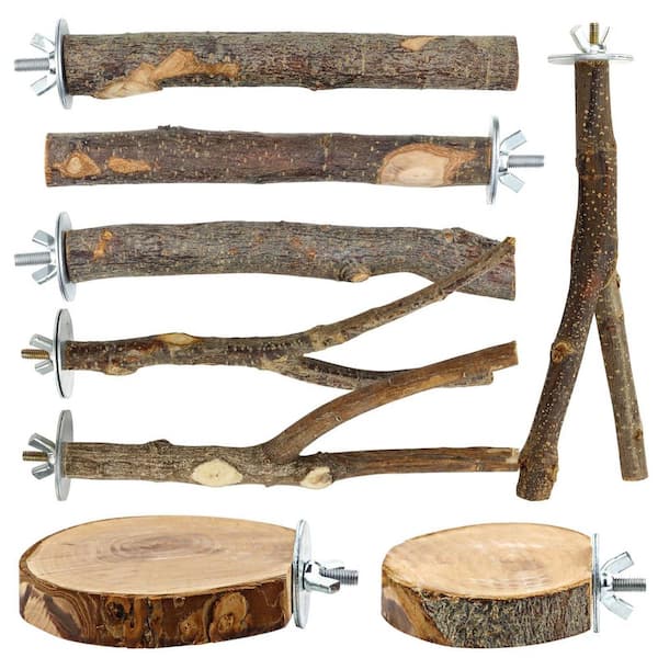 Natural Wood Bird Perch and Platform Set, Cage Accessories for Small Birds with Textured Surfaces (8-Pack)