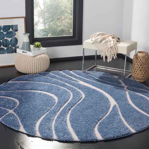 Florida Shag Light Blue/Cream 4 ft. x 4 ft. Round Solid Area Rug