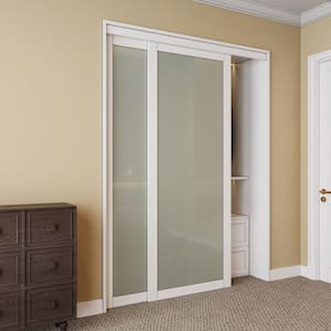 60 in. x 80 in. 1 Lite Tempered Frosted Glass White Finished Solid Core Sliding Door with Hardware
