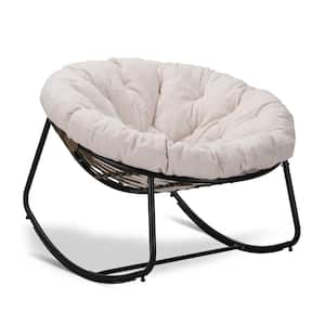 Rattan Rope Dark Gray Frame 40 in. W Metal Outdoor Rocking Chair with Beige Teddy Cushion