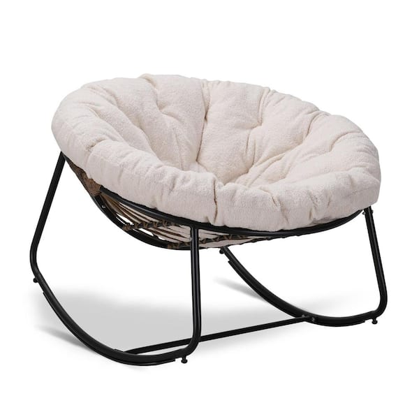 Tenleaf Rattan Rope Dark Gray Frame 40 in. W Metal Outdoor Rocking Chair with Beige Teddy Cushion
