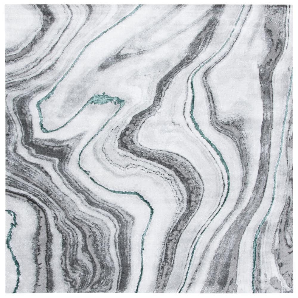 Grey and Green Abstract Hand-knotted Square Area Rug