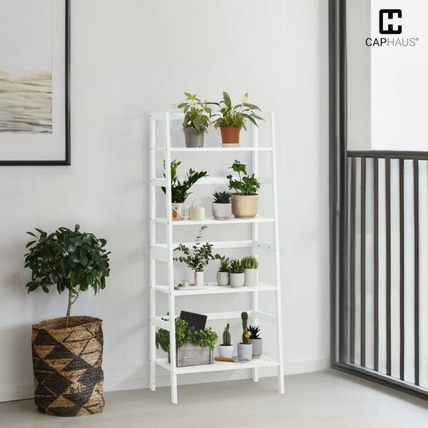 CAPHAUS 49.4 in. Tall White Bamboo 4-Shelf Ladder Bookcase with