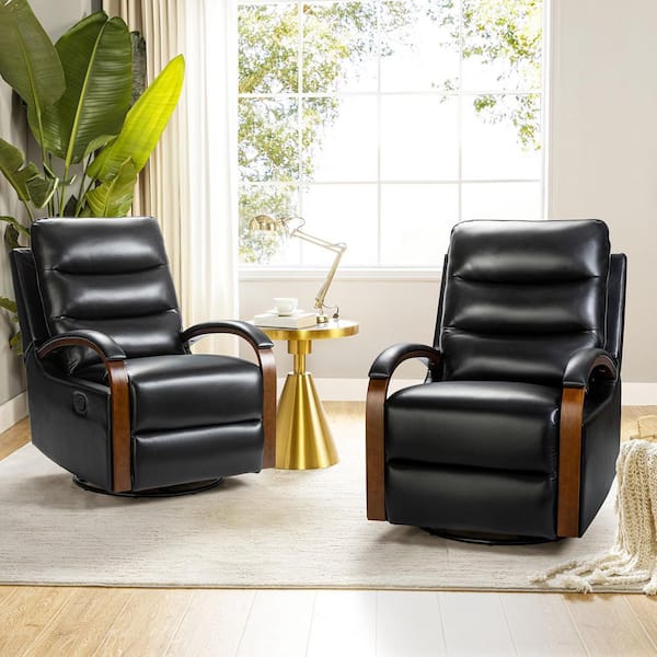 JAYDEN CREATION Joseph Genuine BLACK Leather Swivel Manual Recliner with Wooden Arm Accents and Straight Tufted Back Cushion (Set of 2)