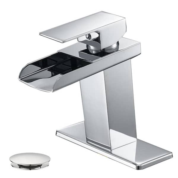 HOMEMYSTIQUE Single-Handle Waterfall Single-Hole Bathroom Sink Faucet with Pop-Up Drain Kit, Deckplate Included in Polished Chrome
