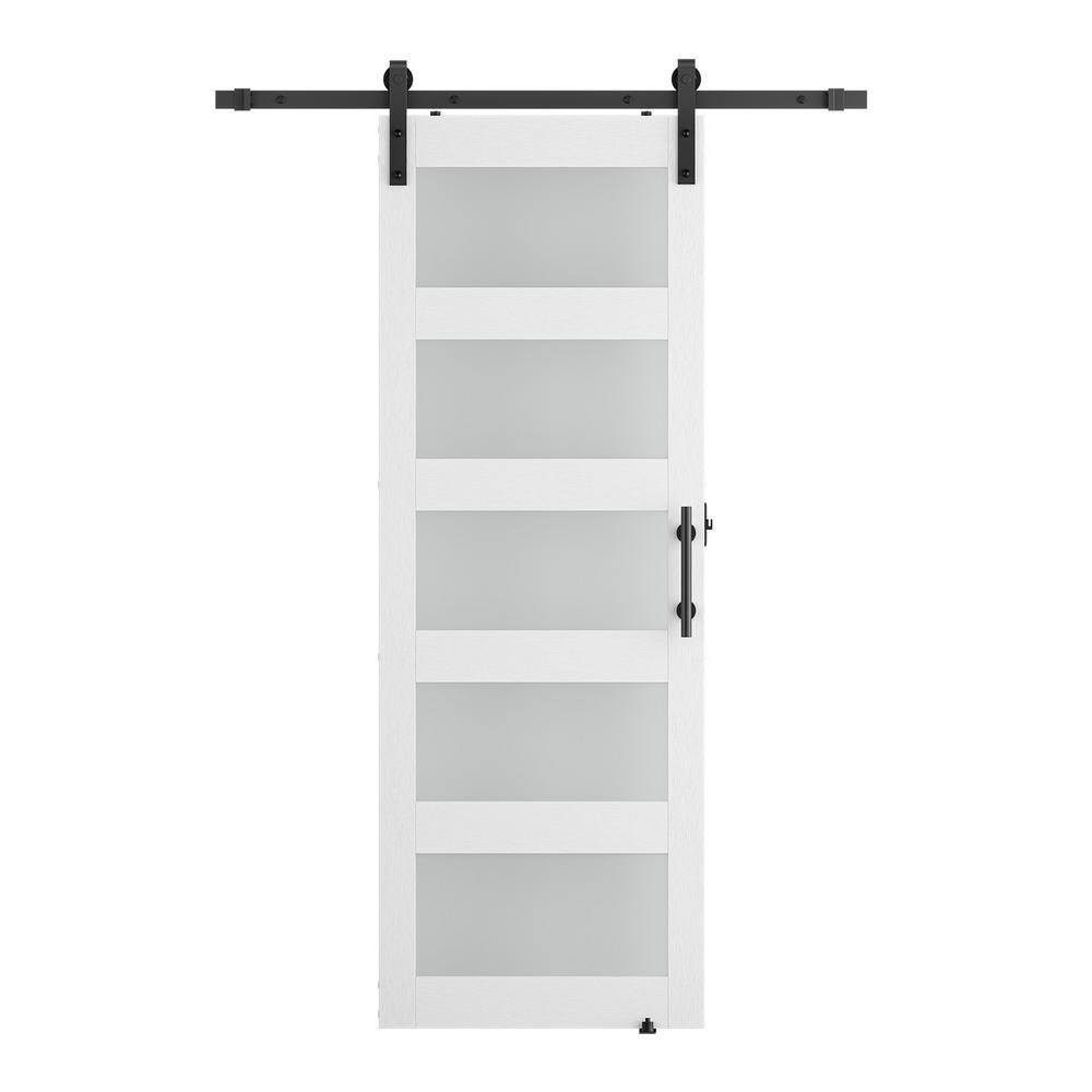 48 in. W. x 96 in. 5-Panel Frosted Glass White Prefinished MDF Interior Sli
