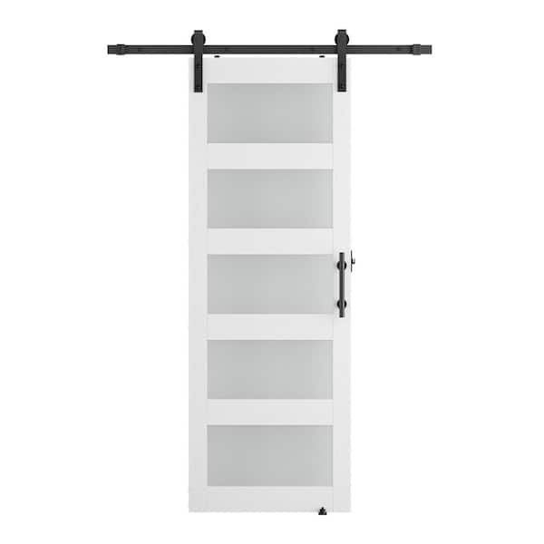 SOCBAZZAR 48 in. W. x 96 in. 5-Panel Frosted Glass White Prefinished MDF Interior Sliding Barn Door with Hardware Kit