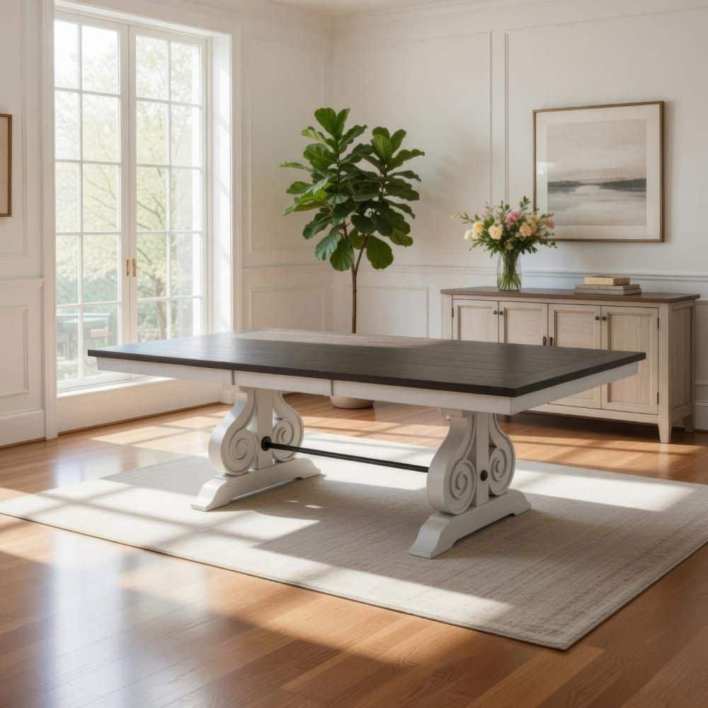 Benjara Orso Off White and Brown Wood 78 in. Trestle Dining Table ...